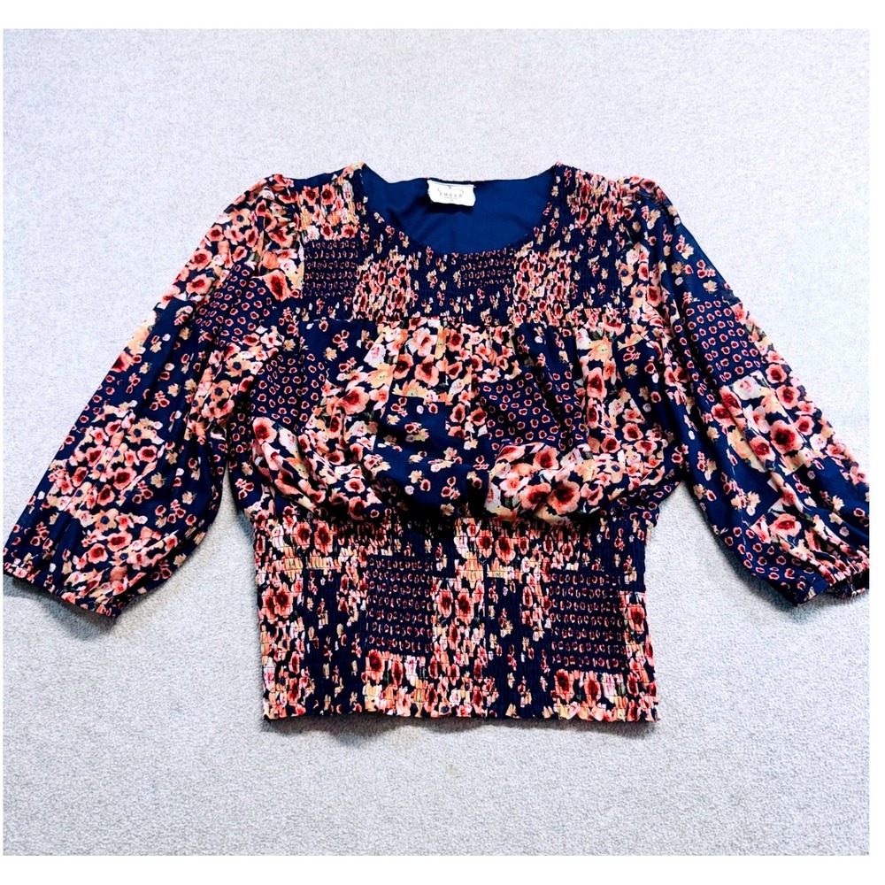 Ember Womens M Floral Smocked Blouse Navy Puff Sleeve Boho Peasant Top Romantic